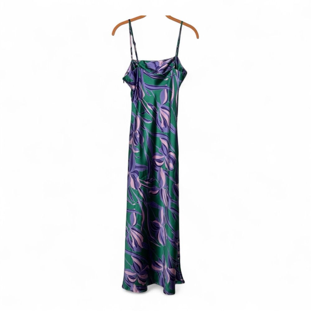 House of Harlow 1960 Satin Floral Maxi Dress Small Green Purple Slit Summer - Picture 3 of 14